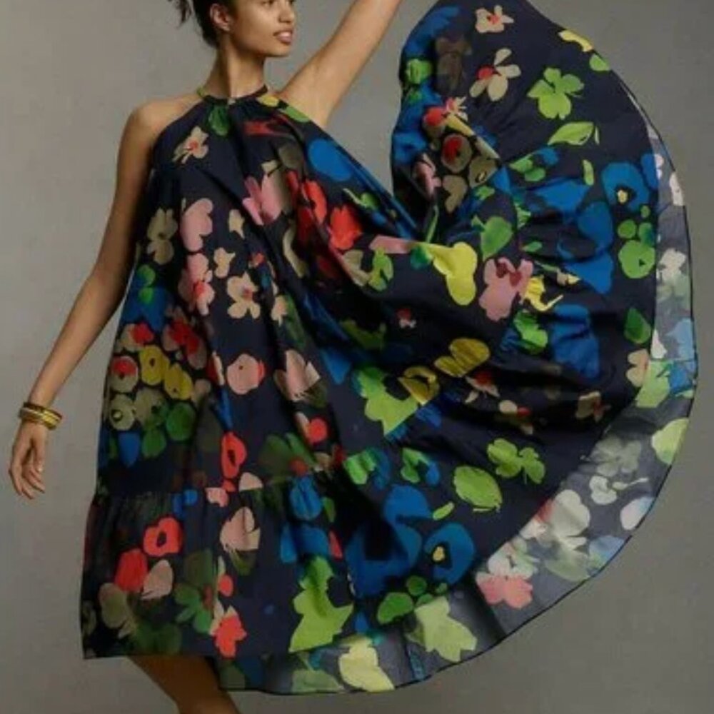 Anthropologie WHIT TWO Floral Halter Midi Dress LP $248 HTF Black Trapeze PL